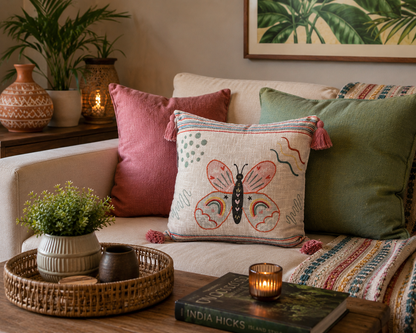 Decorative pillows on a sofa with a butterfly design, candles, and plants in a home setting.