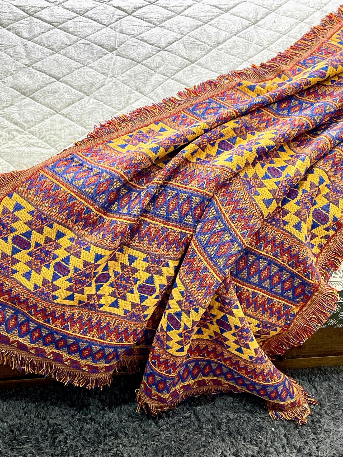 Bohemian Geometrical Kilim Multicolour Geometric Throw Bedspread - Adore India   