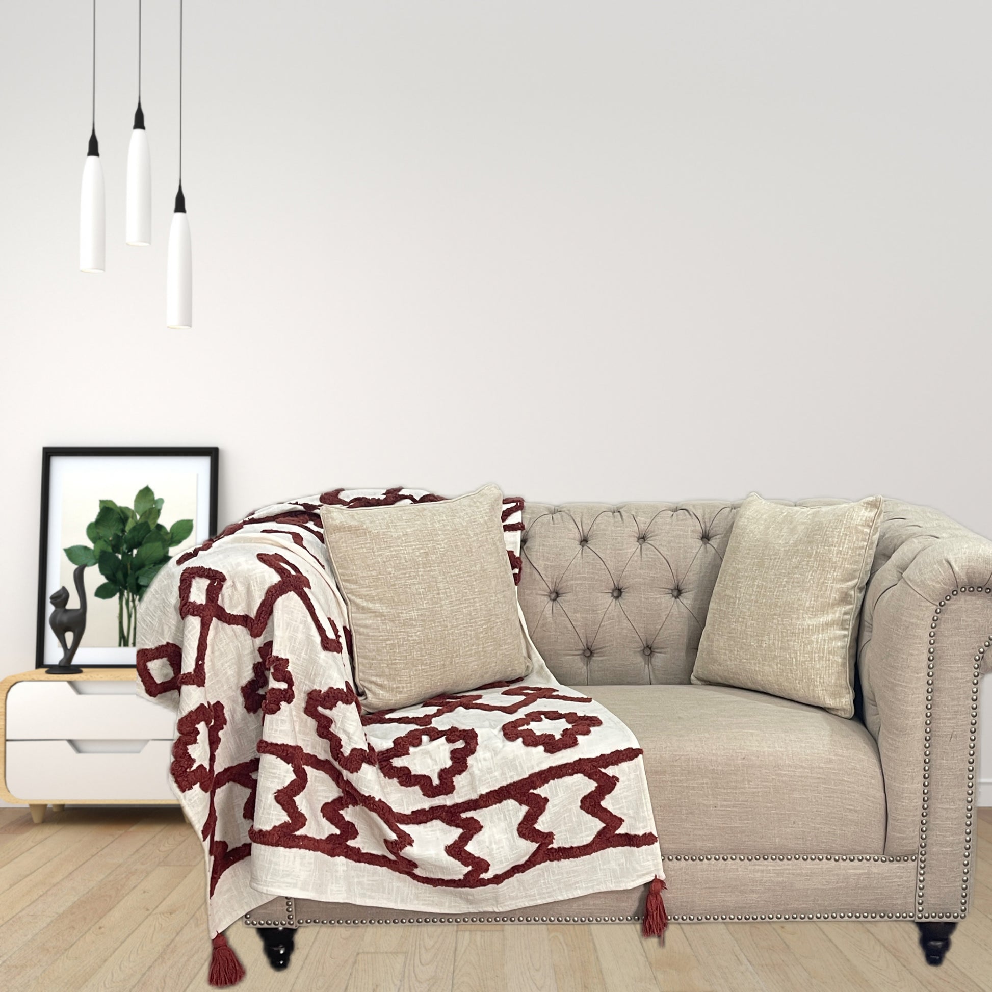 Bohemian Burgundy Cotton Bedding Tufted Throw Blanket - Adore India   