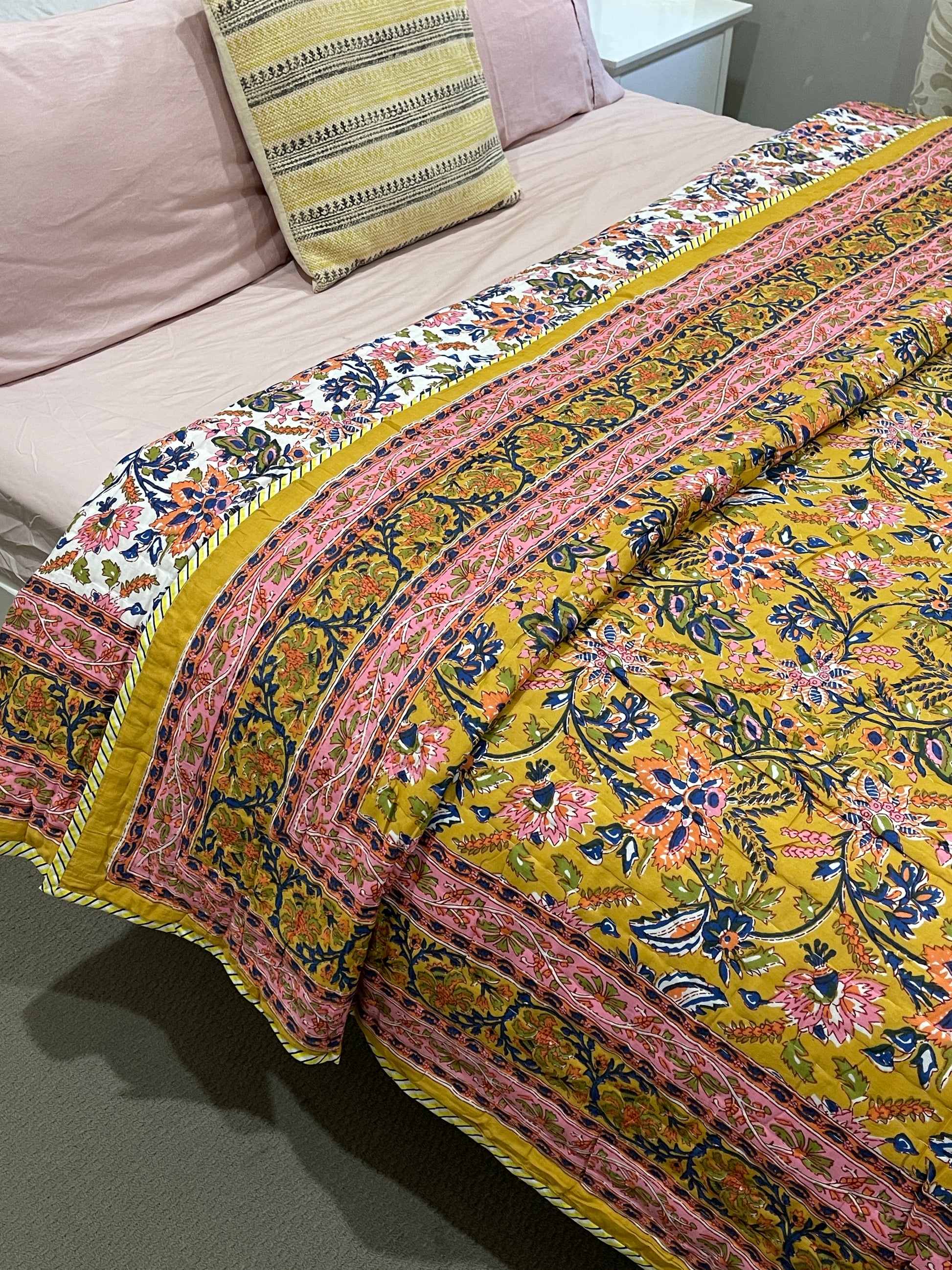 Mustard Pink Floral Cotton Padded Kantha Bedspread Quilt Comforter - Adore India   