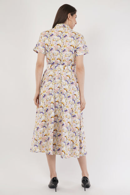 May Cotton Collared Butterfly Print Belted Midi Dress