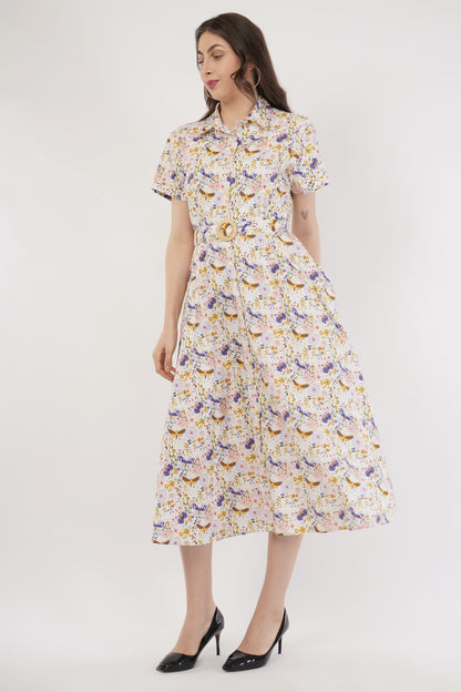 May Cotton Collared Butterfly Print Belted Midi Dress