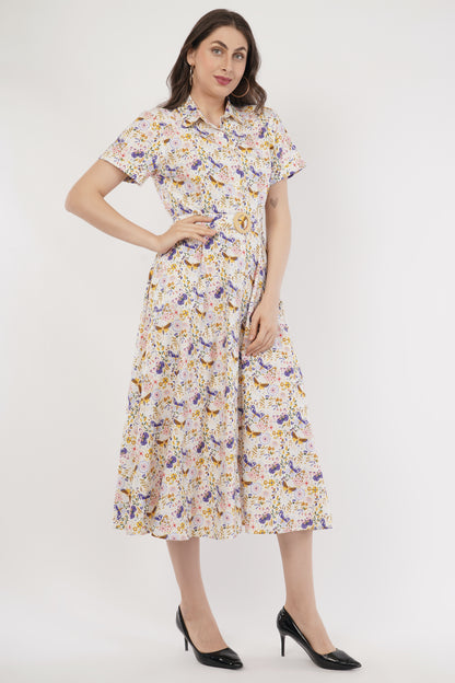 May Cotton Collared Butterfly Print Belted Midi Dress