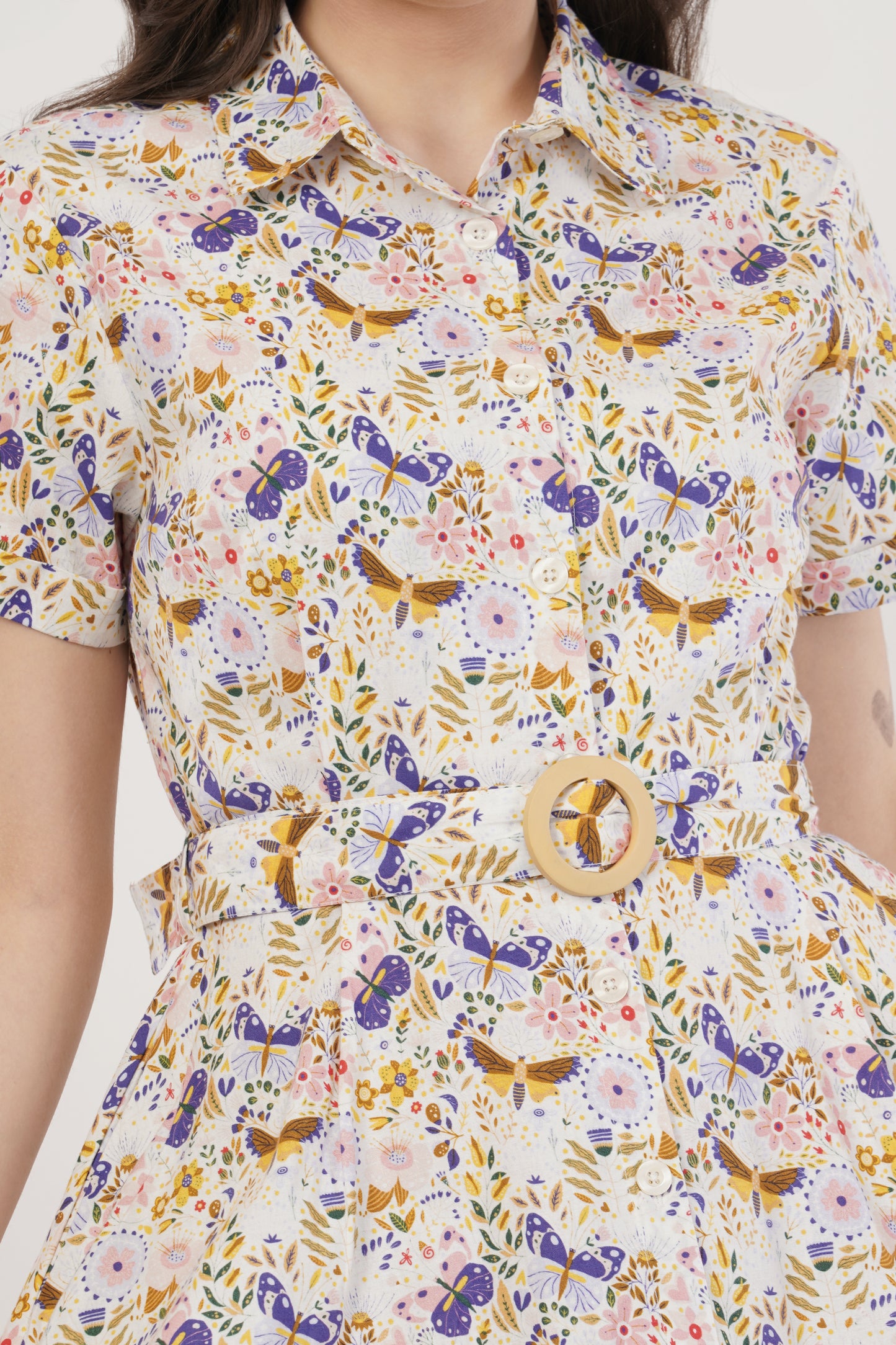 May Cotton Collared Butterfly Print Belted Midi Dress