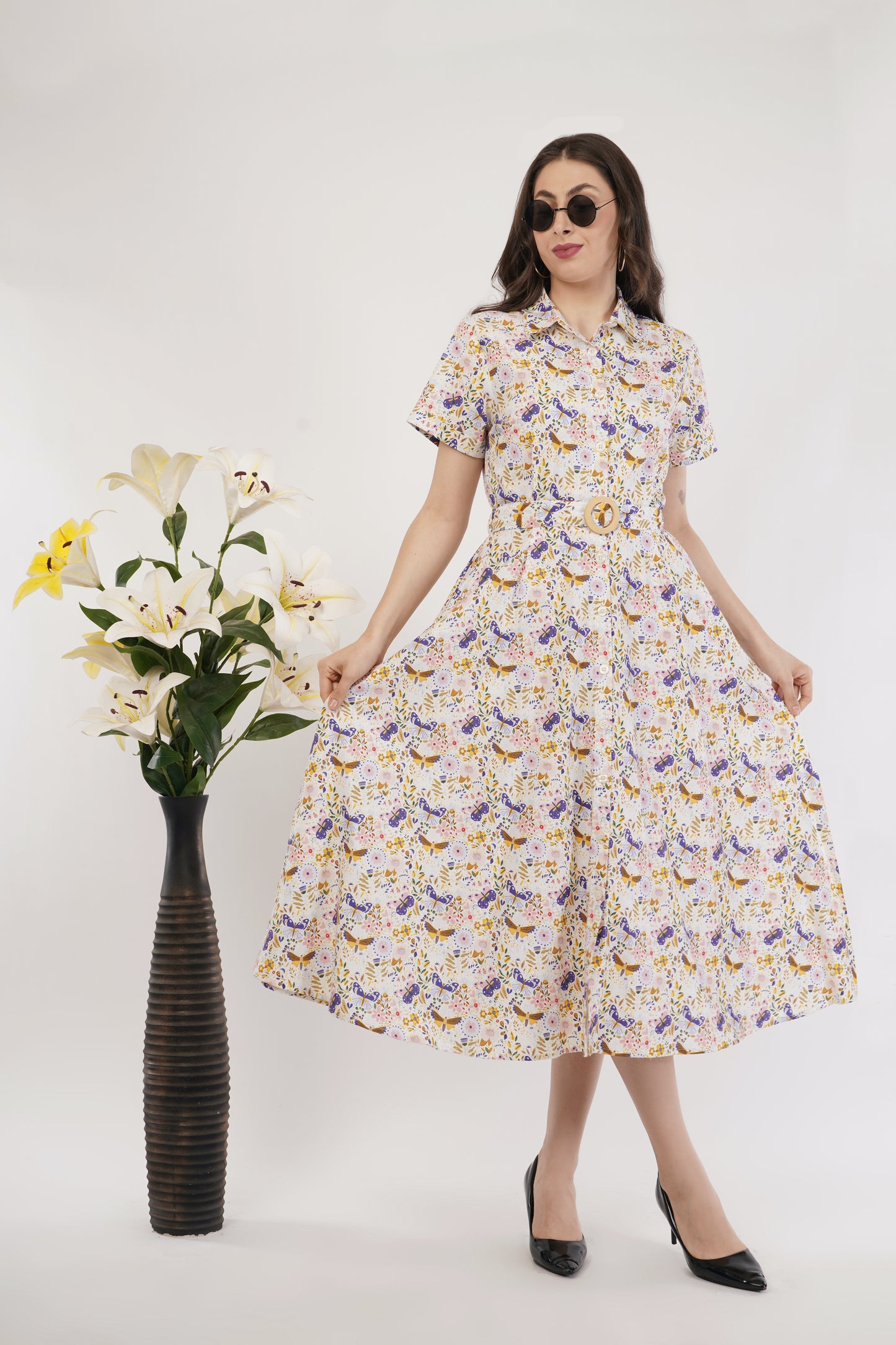 May Cotton Collared Butterfly Print Belted Midi Dress
