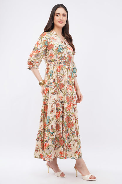 Women Cotton Tropical Floral Printed Tiered V Neck Long Dress