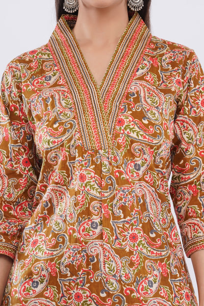 Women Cotton Ethnic Mustard Paisley Anarkali Style 3 Piece Kurti Palazzo Set With Dupatta
