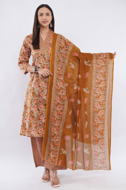 Women Cotton Ethnic Mustard Paisley Anarkali Style 3 Piece Kurti Palazzo Set With Dupatta