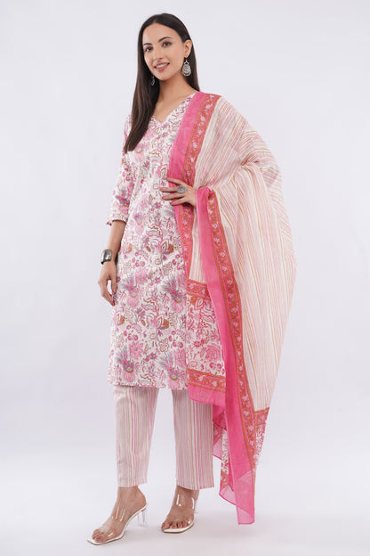 Women Cotton Pink Floral Printed Ethnic 3 Piece Kurta Pant Dupatta Set