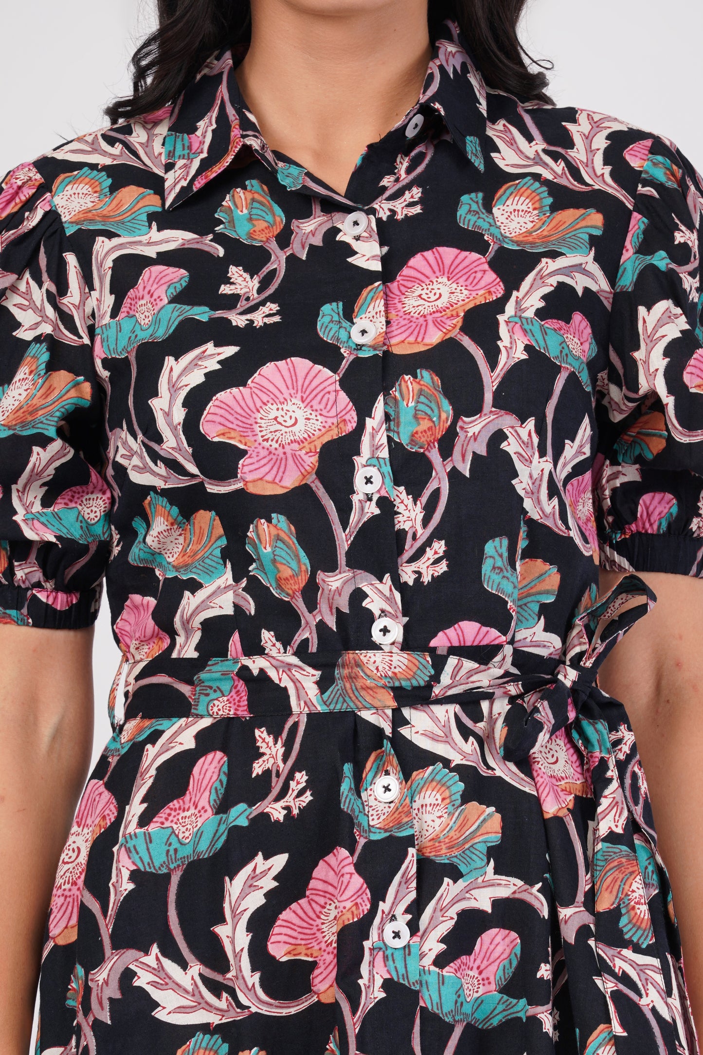 Midnight Love Short Sleeve Cotton Dress – Floral Elegance in Black