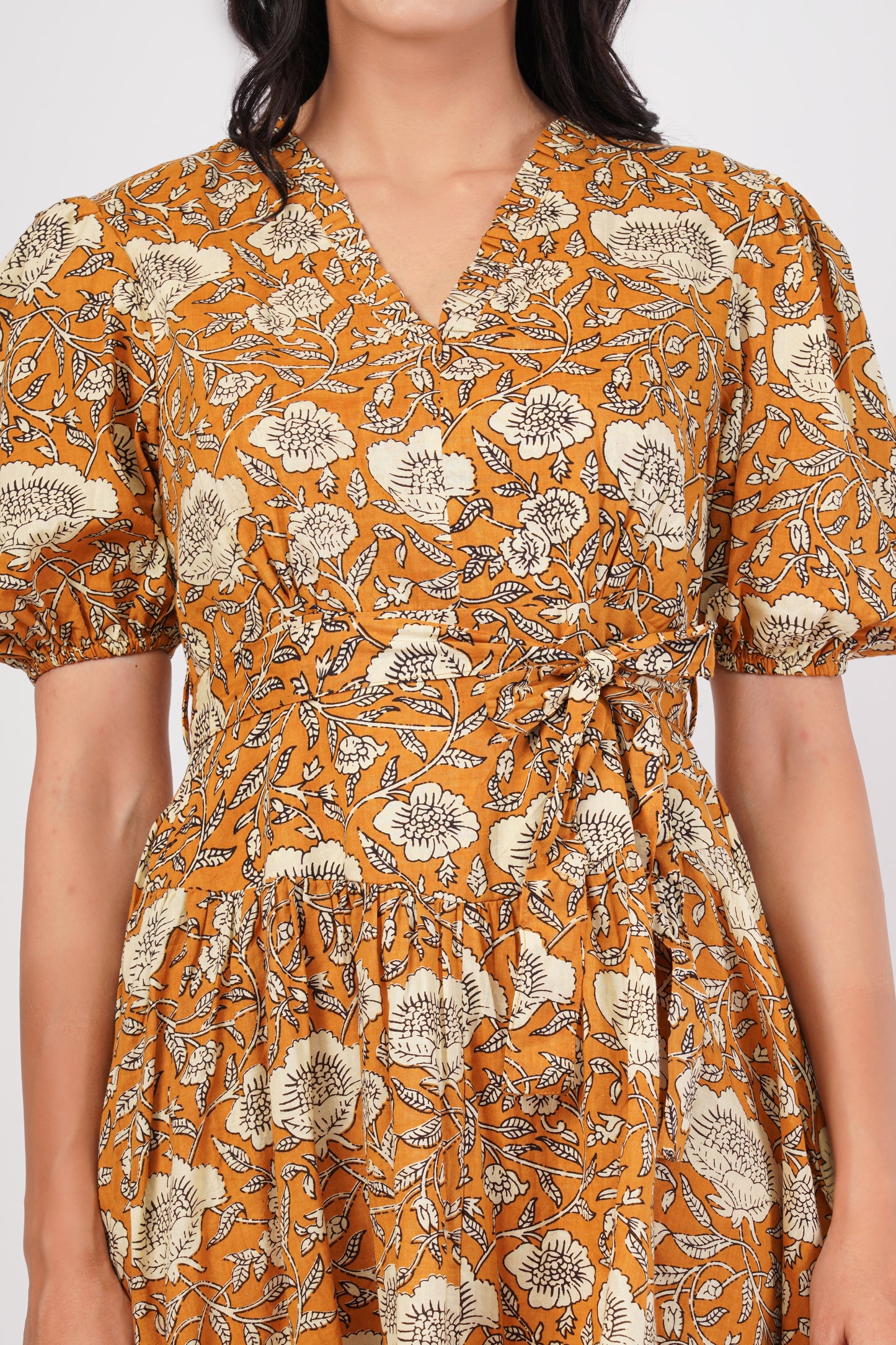 Sunpetal Bloom V-Neck Cotton Dress – Mustard Yellow Floral Midi