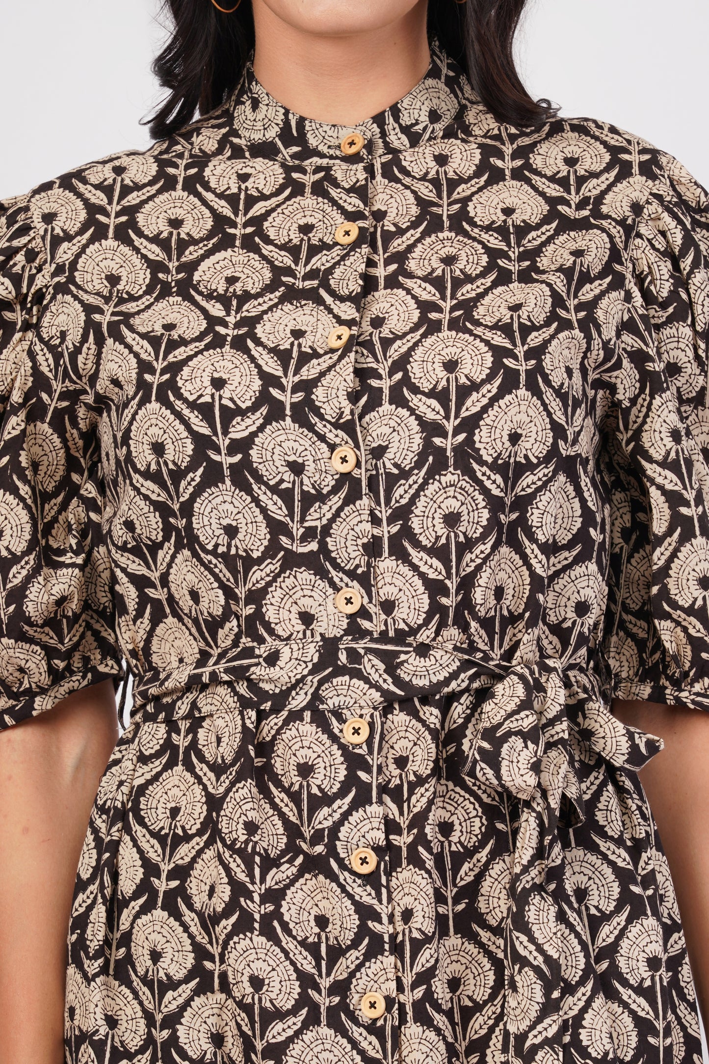 Indira Cotton Traditional Hand Block Printed Black Tiered Dress