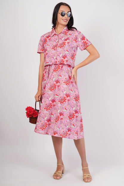 Vintage Rose Pink Floral Printed Long Cotton Dress Set