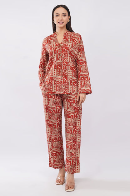 Antique Rust Floral Printed Women 2 Piece Cotton Co-Ord Set
