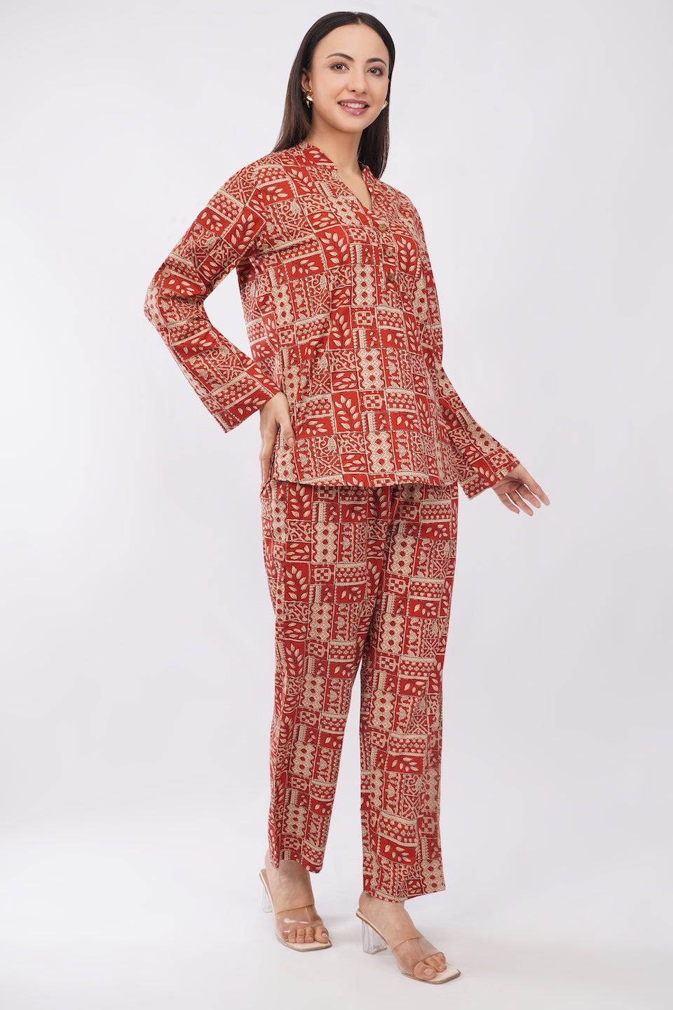 Antique Rust Floral Printed Women 2 Piece Cotton Co-Ord Set
