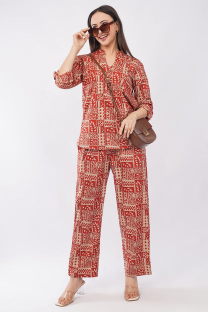 Antique Rust Floral Printed Women 2 Piece Cotton Co-Ord Set