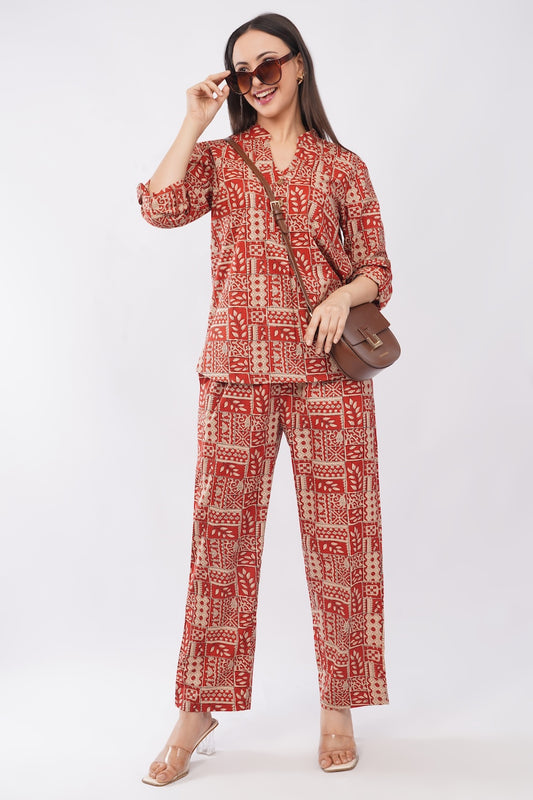 Antique Rust Floral Printed Women 2 Piece Cotton Co-Ord Set