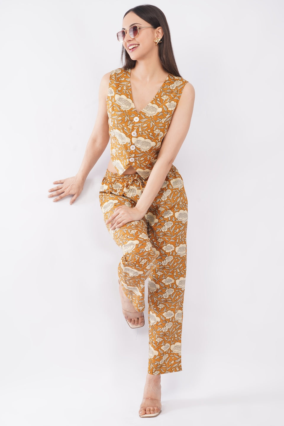 Cotton Sunpetal Floral Sleeveless Top & Palazzo Summer Casual Co-Ord Set
