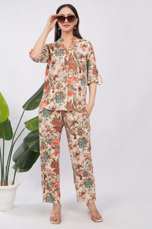 Tropical Beige Floral Printed Women Cotton 2 Piece Co-Ord Set