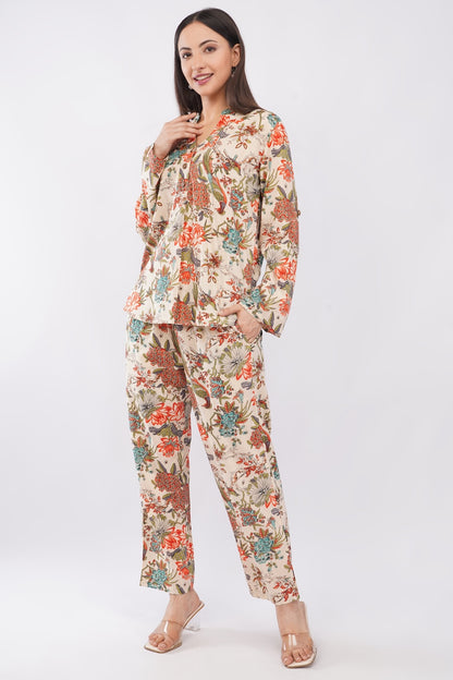 Tropical Beige Floral Printed Women Cotton 2 Piece Co-Ord Set