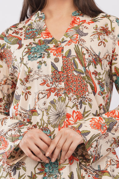 Tropical Beige Floral Printed Women Cotton 2 Piece Co-Ord Set
