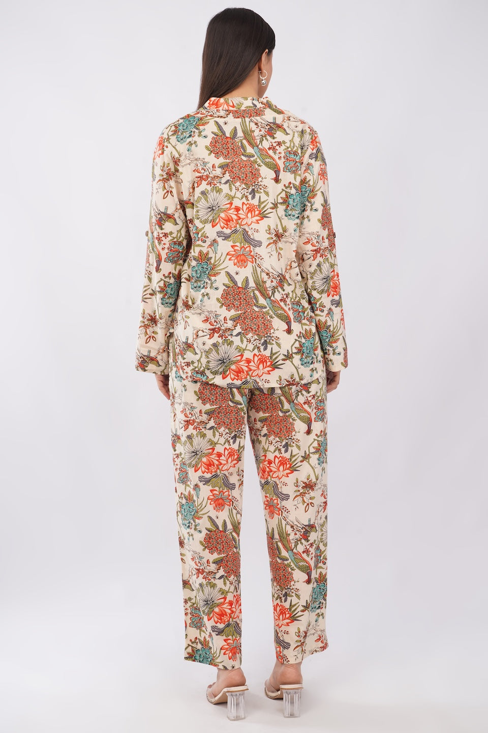 Tropical Beige Floral Printed Women Cotton 2 Piece Co-Ord Set