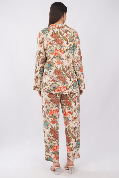 Tropical Beige Floral Printed Women Cotton 2 Piece Co-Ord Set