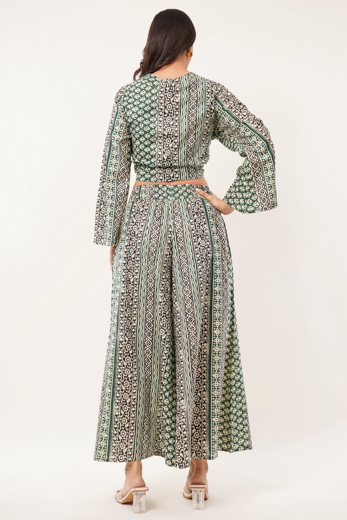 Cotton Olive Printed Tie Top Plazzo 2 Piece Matching Co-Ord Set