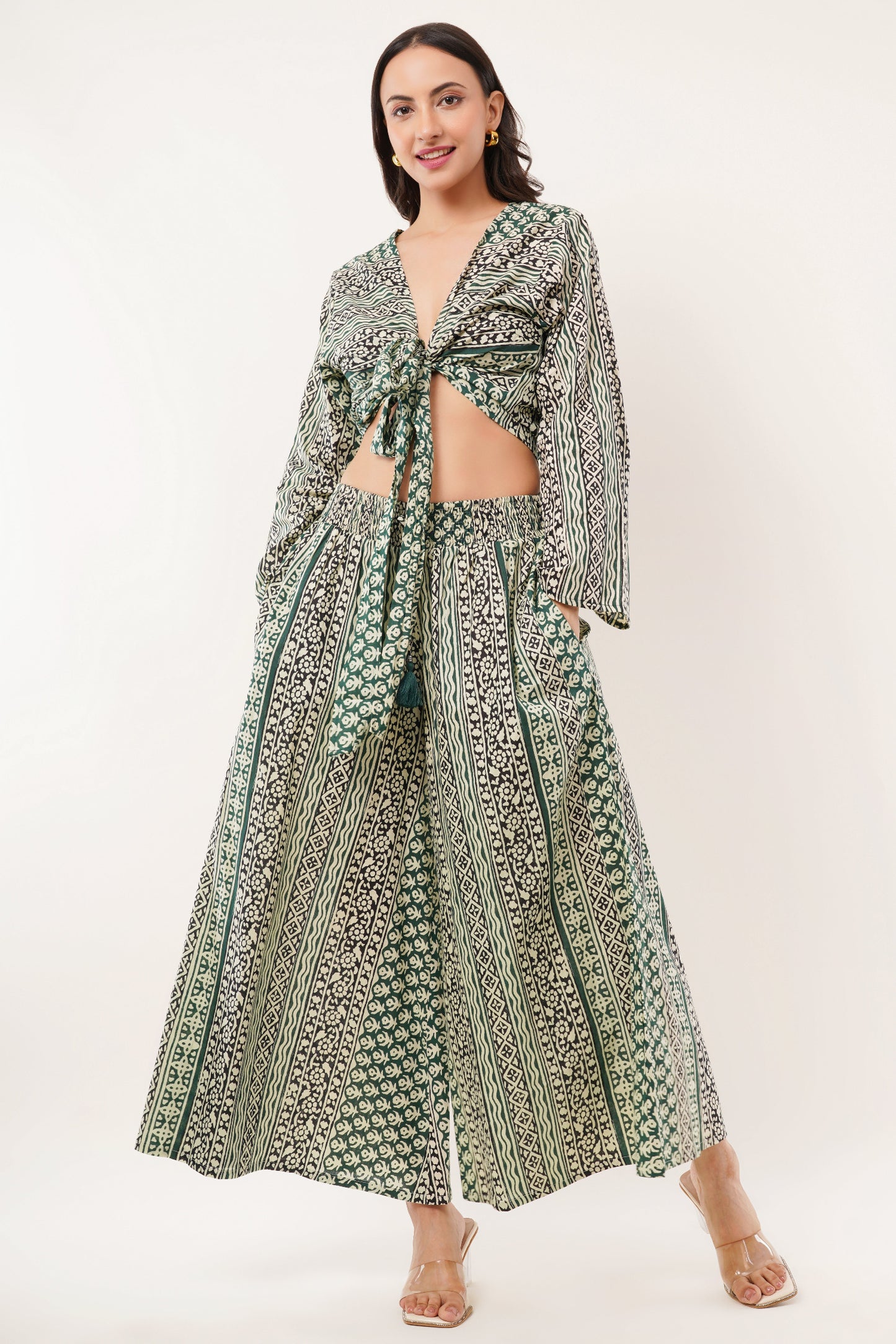 Cotton Olive Printed Tie Top Plazzo 2 Piece Matching Co-Ord Set