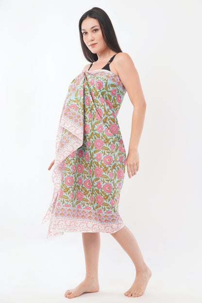 Cotton Hand Printed Pink Floral Beach Sarongs Wrap Koori
