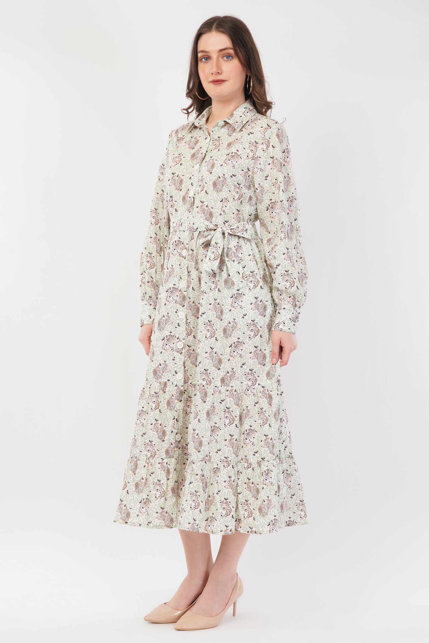 Clara Sage Green Tiger Printed Long Cotton Maxi Shirt Long Sleeve Dress