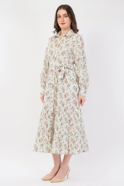 Clara Sage Green Tiger Printed Long Cotton Maxi Shirt Long Sleeve Dress