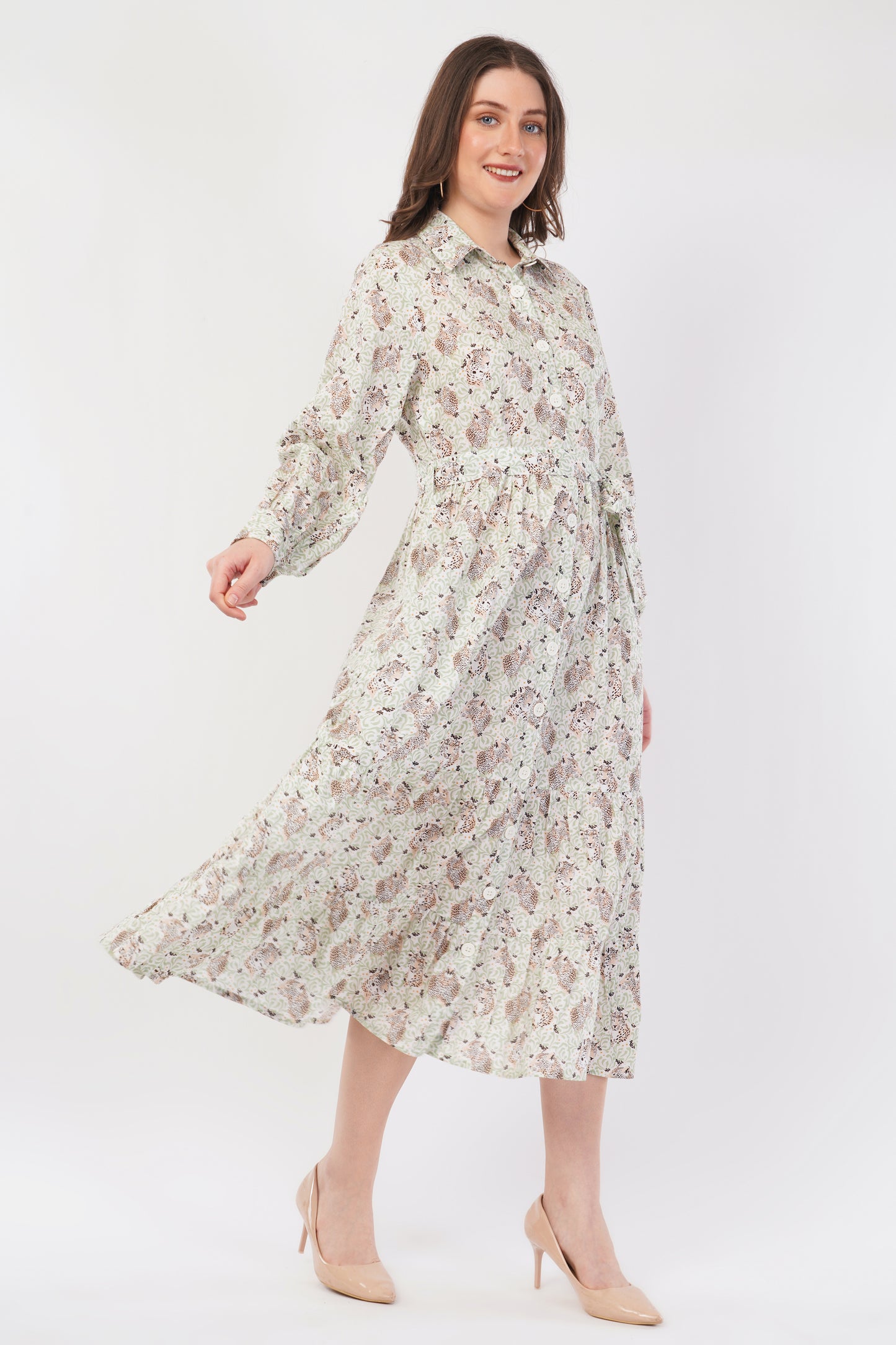 Clara Sage Green Tiger Printed Long Cotton Maxi Shirt Long Sleeve Dress