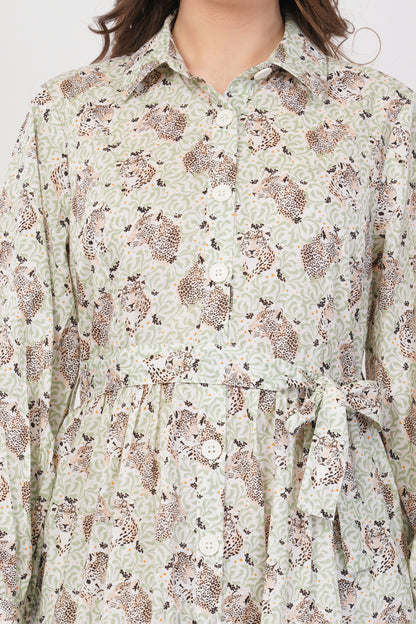Clara Sage Green Tiger Printed Long Cotton Maxi Shirt Long Sleeve Dress