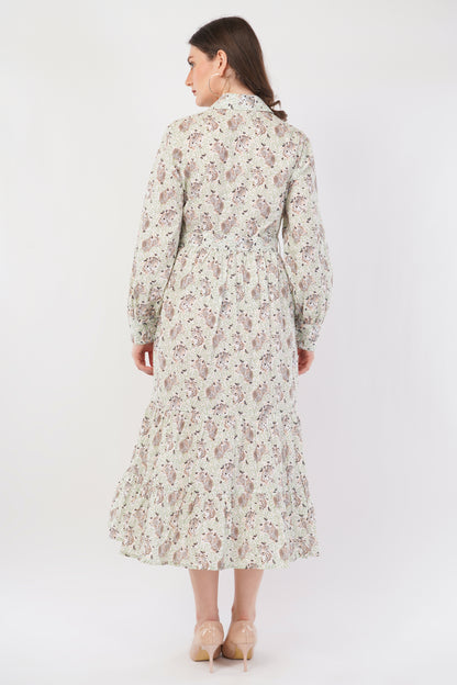 Clara Sage Green Tiger Printed Long Cotton Maxi Shirt Long Sleeve Dress