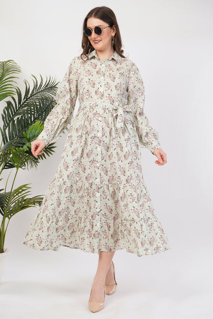 Clara Sage Green Tiger Printed Long Cotton Maxi Shirt Long Sleeve Dress