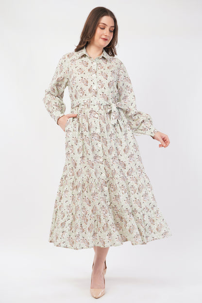 Clara Sage Green Floral Long Cotton Maxi Shirt Long Sleeve Dress