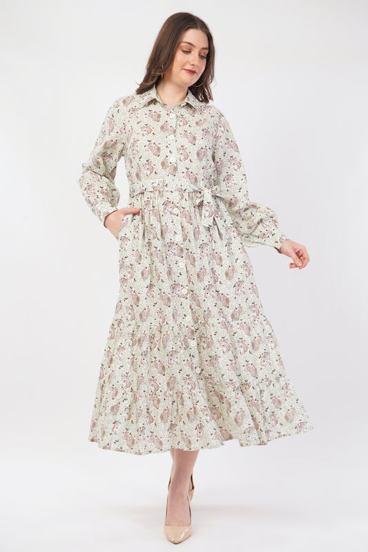 Clara Sage Green Floral Long Cotton Maxi Shirt Long Sleeve Dress