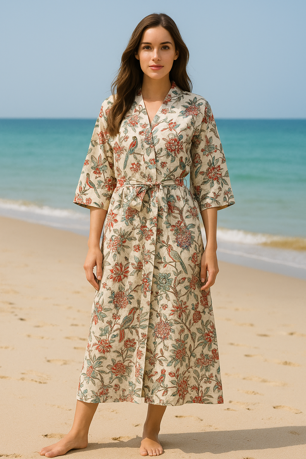 Cotton Bird Printed Beige Kimono Kaftan Bathrobe