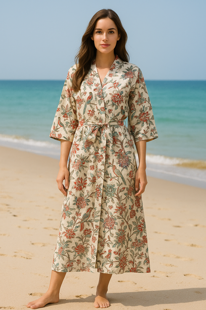 Cotton Bird Printed Beige Kimono Kaftan Bathrobe