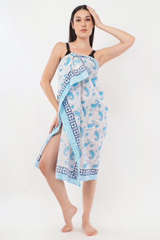 Cotton Hand Printed Blue Floral Beach Sarongs Wrap Malia