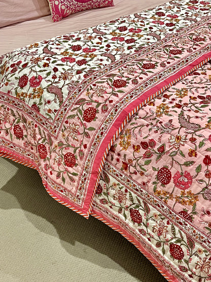 Fruity Pink Floral Cotton Padded Kantha Bedspread Quilt Comforter - Adore India   