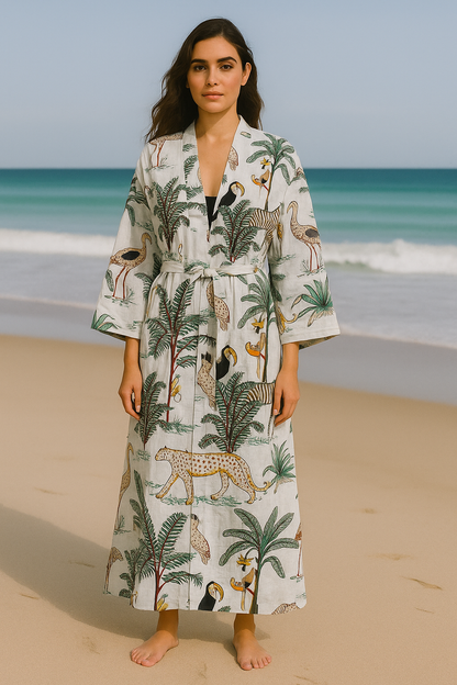 Cotton Safari Animal Printed White Kimono Kaftan Bathrobe