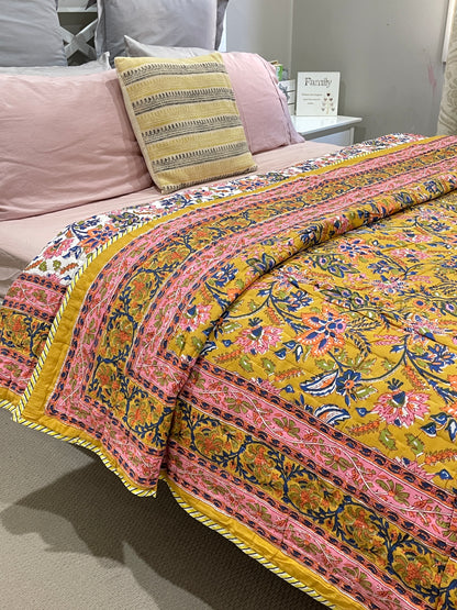 Mustard Pink Floral Cotton Padded Kantha Bedspread Quilt Comforter - Adore India   