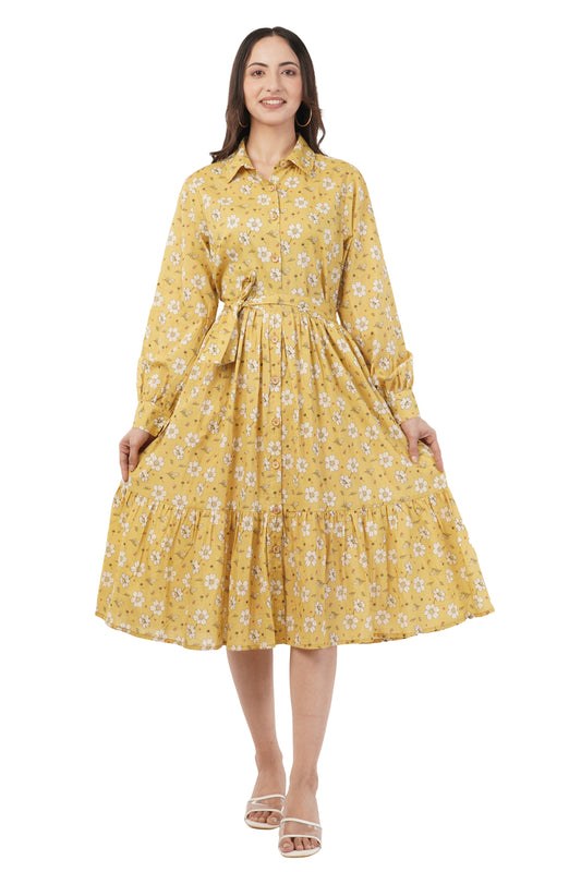 Dorothy Cotton Yellow Bohemian Long Sleeve Midi Shirt Dress
