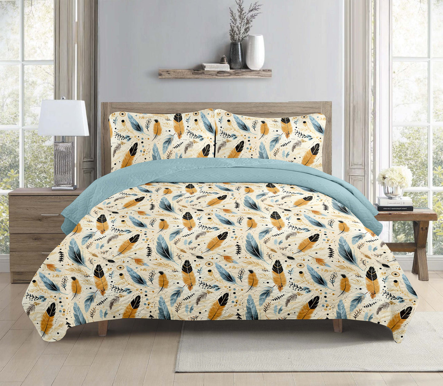 Boho Teal Feather Printed Cotton Reversible Summer Lightweight Bedspread Quilt Set - Adore India   