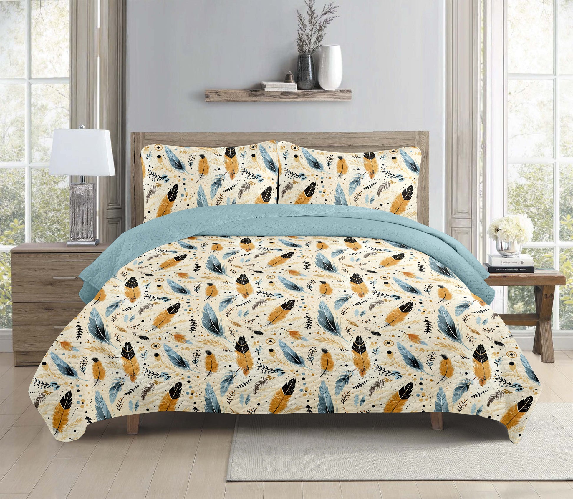 Boho Teal Feather Printed Cotton Reversible Summer Lightweight Bedspread Quilt Set - Adore India   