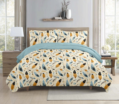 Boho Teal Feather Printed Cotton Reversible Summer Lightweight Bedspread Quilt Set - Adore India   