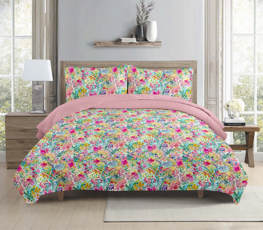 Watercolour Floral Printed Cotton Reversible Summer Lightweight Bedspread Quilt Set - Adore India   