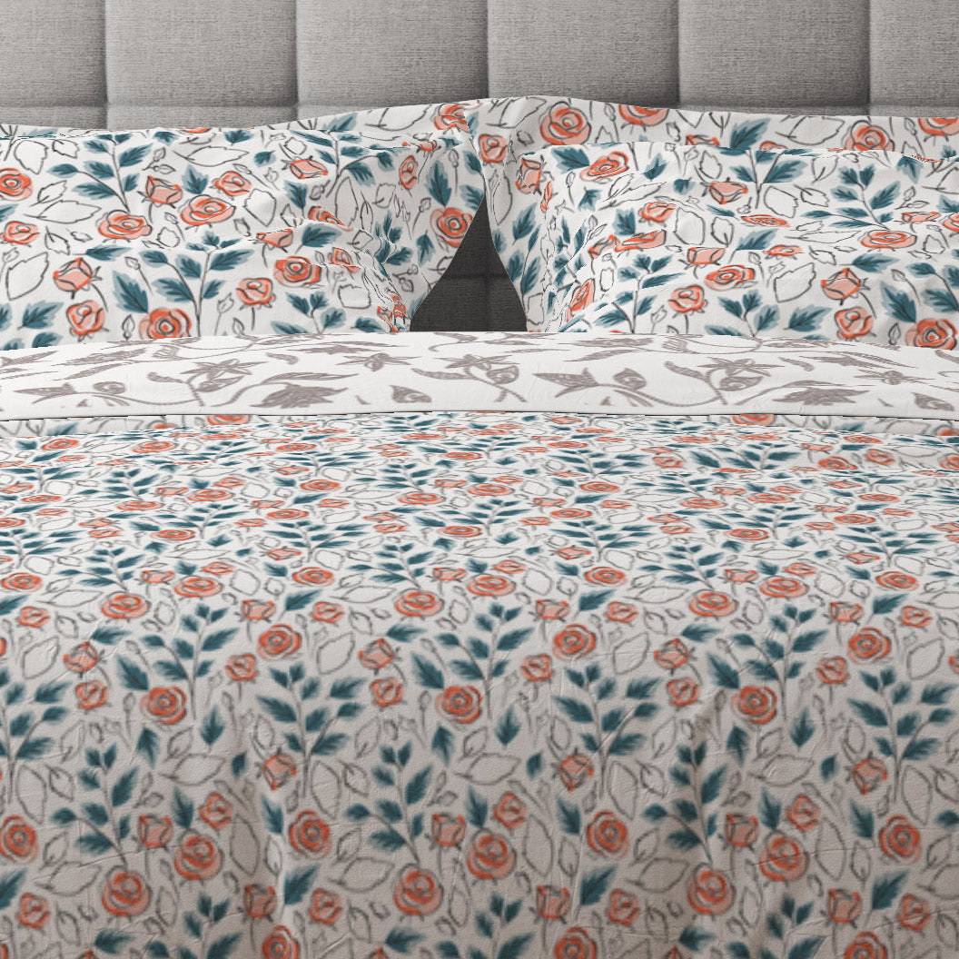 Bohemian Watercolour Teal Pink Floral Red Cotton Reversible Quilt Cover Set - Adore India   